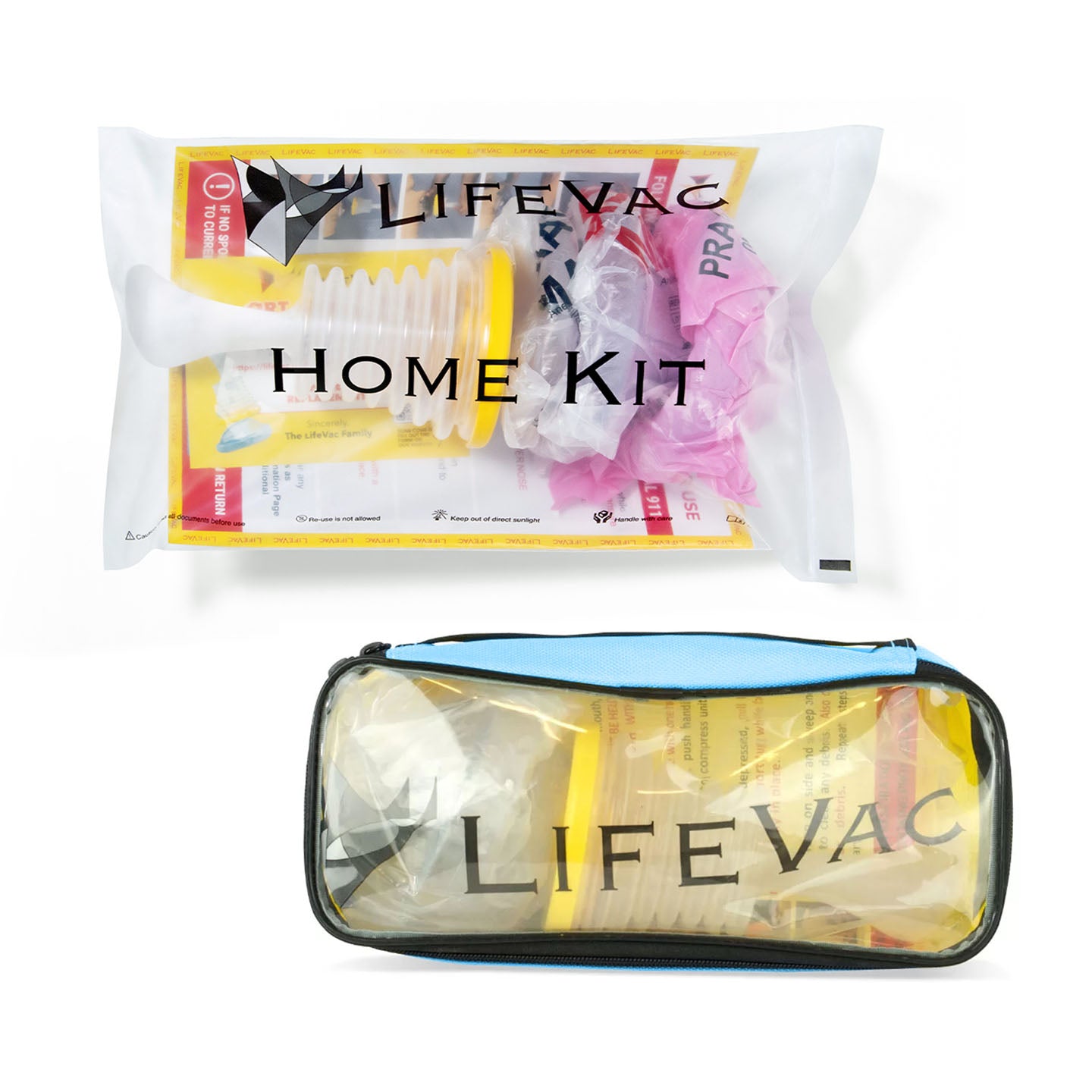 One LifeVac Home Kit in its packaging and one Travel Kit in blue zip up case